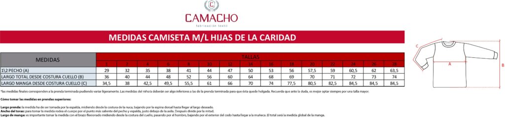 MEDIDAS camiseta ML HIJAS CARIDAD UNIFORMES DE COLEGIOS