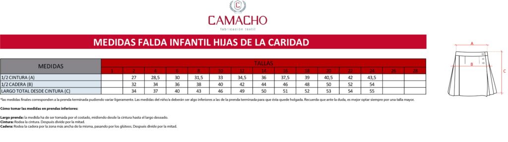 MEDIDAS falda HIJAS CARIDAD UNIFORMES DE COLEGIOS