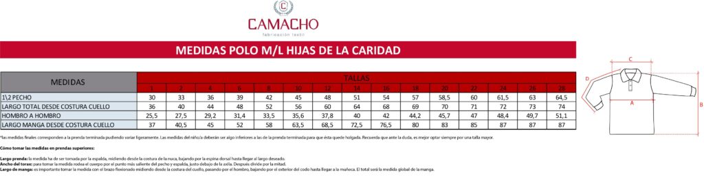 MEDIDAS polo ML HIJAS CARIDAD UNIFORMES DE COLEGIOS
